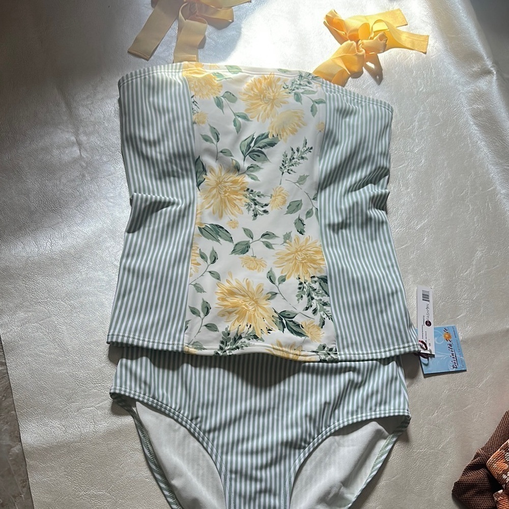 Floral Striped Swimsuit with Yellow Accents